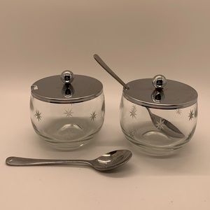 Vintage etched glass jelly or mustard jars with lids and spoons!